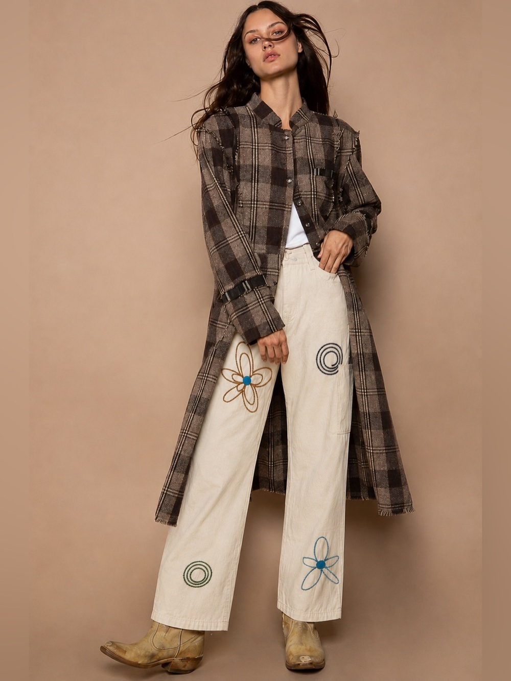 New POL SAMPLE Women's Cream Hippy Flower Peace Embroidered Jeans Size Small